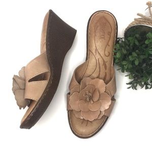 BORN Leather Tan Flower Wedge Heels 10M